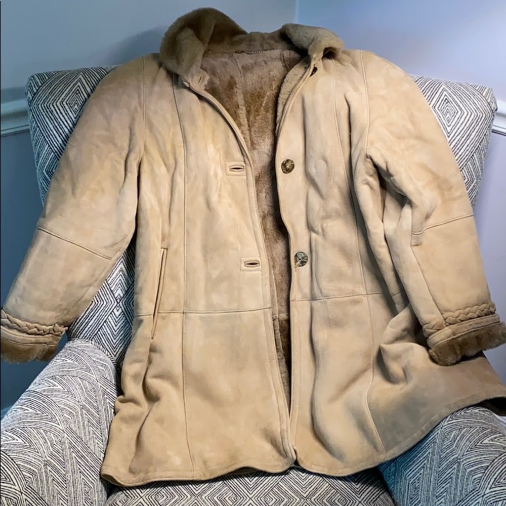 Shearling Coat Italian Suede Leather Tan Size 42 Made in Italy